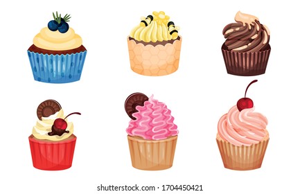 Appetizing Cupcakes with Whipped Cream and Berry on the Top Vector Set