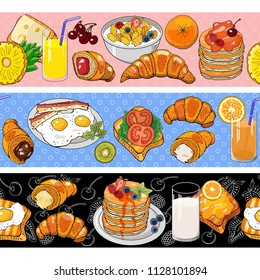 Appetizing delicious breakfast. Seamless horizontal pattern brush. Objects isolated on white. For your design, announcements, cards, posters, restaurant and cafe menu.