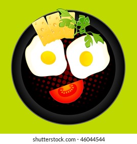 appetizing delicious fried eggs on a dish are decorated a tomato and cheese