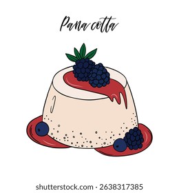 Appetizing and delicious panna cotta dessert  with berries and fruit sauce sweet baked dessert confectionery. Baked sweet treats dessert. Outline food art pastry