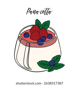 Appetizing and delicious panna cotta dessert  with berries and fruit sauce sweet baked dessert confectionery. Baked sweet treats dessert. Outline food art pastry