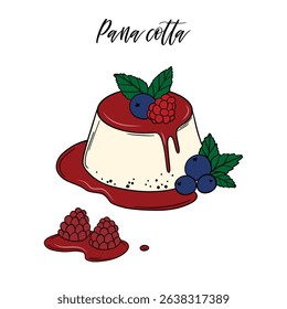 Appetizing and delicious panna cotta dessert  with berries and fruit sauce sweet baked dessert confectionery. Baked sweet treats dessert. Outline food art pastry