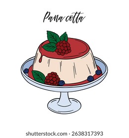 Appetizing and delicious panna cotta dessert  with berries and fruit sauce sweet baked dessert confectionery. Baked sweet treats dessert. Outline food art pastry