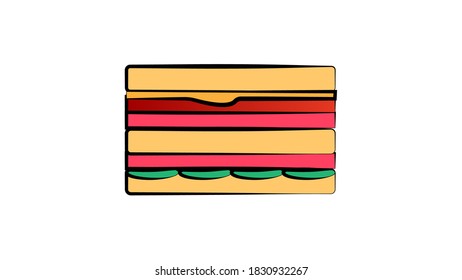 appetizing, delicious sandwich, vector illustration on a white background. sandwich stuffed with meat, cheese and herbs. hearty, tasty and unhealthy lunch. fast food.