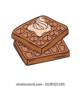 Appetizing and delicious sweet baked waffles with butter and whipped cream on top dessert breakfast. Sweet treats dessert. Outline food art