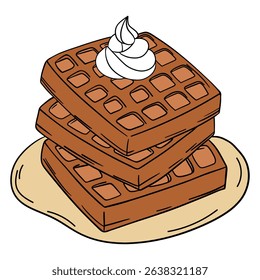 Appetizing and delicious sweet baked waffles with butter and whipped cream on top dessert breakfast. Sweet treats dessert. Outline food art