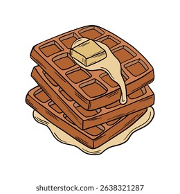 Appetizing and delicious sweet baked waffles with butter on top dessert breakfast. Sweet treats dessert. Outline food art