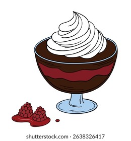 Appetizing and delicious sweet chocolate dessert pudding with whipped cream in glasses cup and berries. Bakery breakfast sweet treats dessert. Outline food art