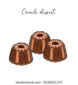 Appetizing and delicious sweet canelé dessert. Baked sweet treats dessert. Outline food art pastry
