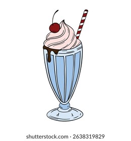 Appetizing and delicious sweet milkshake milk cocktail dessert with whipped cream and chocolate. Sweet treats dessert. Outline food art