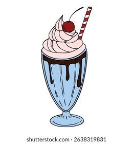 Appetizing and delicious sweet milkshake milk cocktail dessert with whipped cream and chocolate. Sweet treats dessert. Outline food art