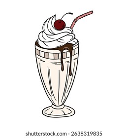 Appetizing and delicious sweet milkshake milk cocktail dessert with whipped cream and chocolate. Sweet treats dessert. Outline food art