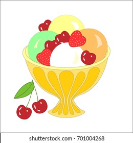 Appetizing dessert for lovers of sweets. Saucer of delicious ice cream balls with fresh fruits, strawberries and cherries. Delicate treat for every taste. Vector illustration.