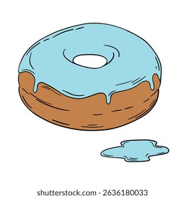 Appetizing donut doughnut with blue frosting and sprinkle. Glazed delicious pastry baked food with icing outline art