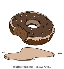 Appetizing donut doughnut with chocolate frosting and sprinkle and bite of it. Glazed delicious pastry baked food with icing outline art