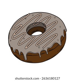 Appetizing donut doughnut with chocolate frosting and sprinkle. Glazed delicious pastry baked food with icing outline art