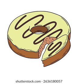 Appetizing donut doughnut with lime or lemon taste frosting and sprinkle and bite of it. Glazed delicious pastry baked food with icing outline art