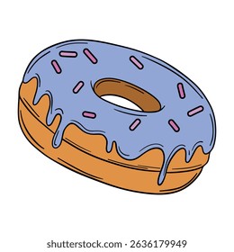 Appetizing donut doughnut with purple frosting and sprinkle. Glazed delicious pastry baked food with icing outline art