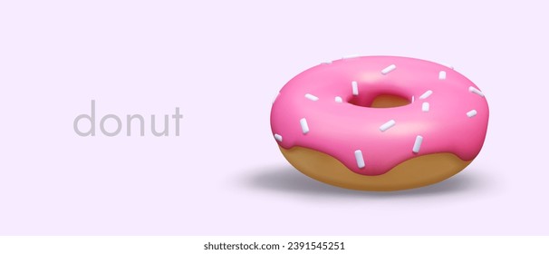 Appetizing donut with pink glaze and sprinkles. Hot pastries to take away. Sweet fast food with toppings. Advertising concept for donut shop, confectionery, cafeteria. Quick tasty snack