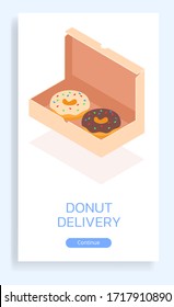 Appetitive Donuts mit mehrfarbiger Verglasung in einem Karton zum Verkauf oder zur Lieferung. Spendet mit Schokolade und cremiger oder Vanilleverglasung in einer Schachtel. Poster mit isometrischer Abbildung auf weißem Hintergrund
