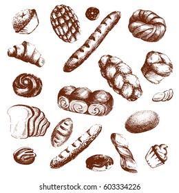 Appetizing dough products, desserts and bread. Drawing by hand