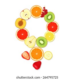 Appetizing female symbol, made from pieces of fruits and berries, on white background