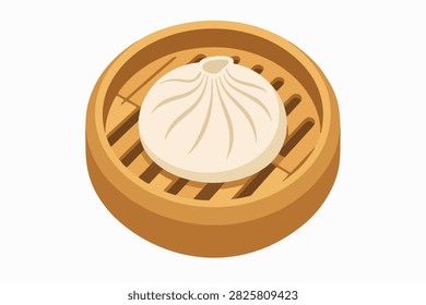 An appetizing flat vector illustration of a traditional Chinese soup dumpling, known as xiao long bao, resting inside a wooden bamboo steamer basket isolated on a white background. The design features the delicate pleated folds of the steamed bun and the natural texture of the steamer slats. This delicious Asian cuisine graphic is perfect for dim sum restaurant menus, food delivery apps, and culinary design projects