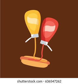 Appetizing food for children isolated. cool tasty and delicious simple flat design style modern isolated Hot Dog in a clean vector bun or bread with Mustard & Ketchup bottle cartoon view above.