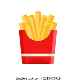 Appetizing french fries red cardboard pack isometric icon vector illustration. Tasty traditional American frying potato slice in package branding isolated. Fast food packaging badge simple design