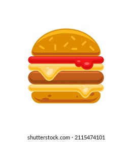 Appetizing fresh burger with melting cheese, ketchup and tasty bun icon vector flat illustration. Unhealthy cheeseburger unhealthy fast food snack label for menu cafe or restaurant. Homemade cook meal