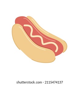 Appetizing fresh hot dog with mayonnaise sauce vector flat cartoon illustration. Tasty traditional American unhealthy fast food with grilled sausage bun and mustard. Delivery restaurant take away menu