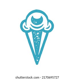 Appetizing fresh ice cream cornet tasty summer seasonal traditional dessert blue hand drawn grunge texture vector illustration. Frozen creamy iced sweet delicious cone isolated. Minimalist logotype