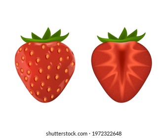 Appetizing fresh strawberry. Red ripe 3d realistic strawberry Whole and cut in half. Vector illustration isolated on white background