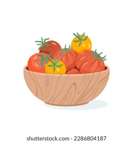 Appetizing fresh tomatoes of different varieties of red and yellow lie in wooden bowl on table. Side view of harvested crop. Vector illustration on isolated white background.