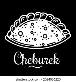 Appetizing fried cheburek vector icon. Isolated illustration of delicious baked goods on a black background. White contour pie with meat. Hand-drawn food sketch. Calzone outline. Monochrome.