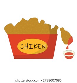Appetizing fried chicken drumstick vector illustration with dipping sauce isolated on white background. Perfect for restaurant menus, fast food branding, takeaway advertising and food packaging.