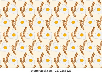 Appetizing fried eggs and bacon strips in trendy hues. Seamless pattern for World Egg Day. Fast food