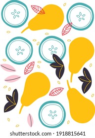 Appetizing fruit and berries collection. Decorative abstract horizontal banner with colorful doodles. Hand-drawn modern illustrations with fruit and berries, abstract elements. Abstract series