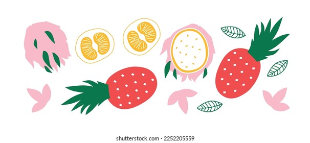 Appetizing fruit and berries collection. Decorative abstract horizontal banner with colorful doodles. Hand-drawn modern illustrations with fruit and berries, abstract elements. Abstract series