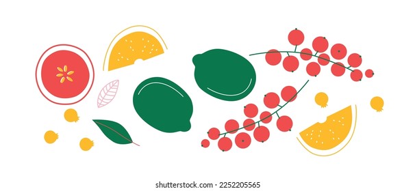 Appetizing fruit and berries collection. Decorative abstract horizontal banner with colorful doodles. Hand-drawn modern illustrations with fruit and berries, abstract elements. Abstract series