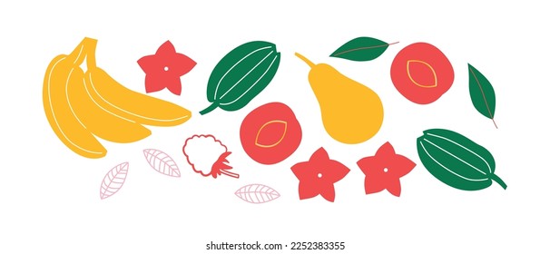 Appetizing fruit and berries collection. Decorative abstract horizontal banner with colorful doodles. Hand-drawn modern illustrations with fruit and berries, abstract elements. Abstract series