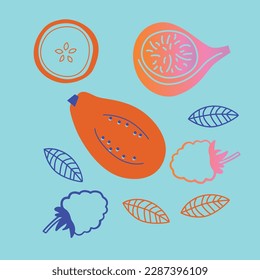 Appetizing fruit and berries collection. Decorative abstract horizontal banner with colorful doodles. Hand-drawn modern illustrations with fruit and berries, abstract elements. Abstract series