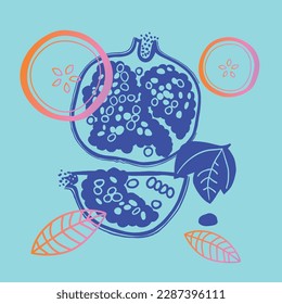 Angenehme Kollektion von Früchten und Beeren. Dekoratives abstraktes horizontales Banner mit bunten Doodles. Handgezeichnete moderne Illustrationen mit Früchten und Beeren, abstrakte Elemente. Abstrakte Serie