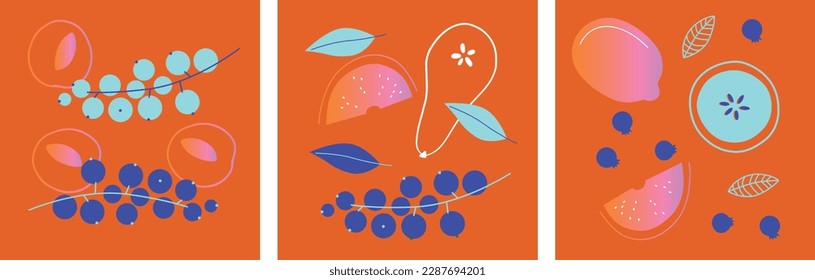 Appetizing fruit and berries collection. Decorative abstract horizontal banner with colorful doodles. Hand-drawn modern illustrations with fruit and berries, abstract elements. Abstract series