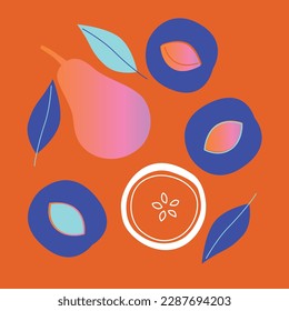 Appetizing fruit and berries collection. Decorative abstract horizontal banner with colorful doodles. Hand-drawn modern illustrations with fruit and berries, abstract elements. Abstract series