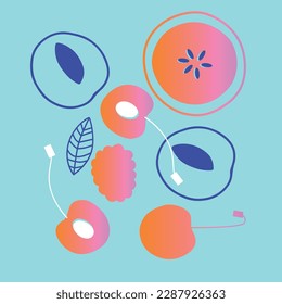 Apetitosa colección de frutas y bayas. Banner horizontal abstracto decorativo con doodles coloridos. Ilustraciones modernas hechas a mano con frutas y bayas, elementos abstractos. Serie abstracta