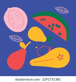 Appetizing fruit and berries collection. Decorative abstract horizontal banner with colorful doodles. Hand-drawn modern illustrations with fruit and berries, abstract elements. Abstract series