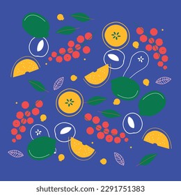 Appetizing fruit and berries collection. Decorative abstract horizontal banner with colorful doodles. Hand-drawn modern illustrations with fruit and berries, abstract elements. Abstract series