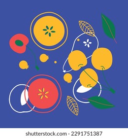 Appetizing fruit and berries collection. Decorative abstract horizontal banner with colorful doodles. Hand-drawn modern illustrations with fruit and berries, abstract elements. Abstract series