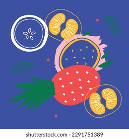 Appetizing fruit and berries collection. Decorative abstract horizontal banner with colorful doodles. Hand-drawn modern illustrations with fruit and berries, abstract elements. Abstract series